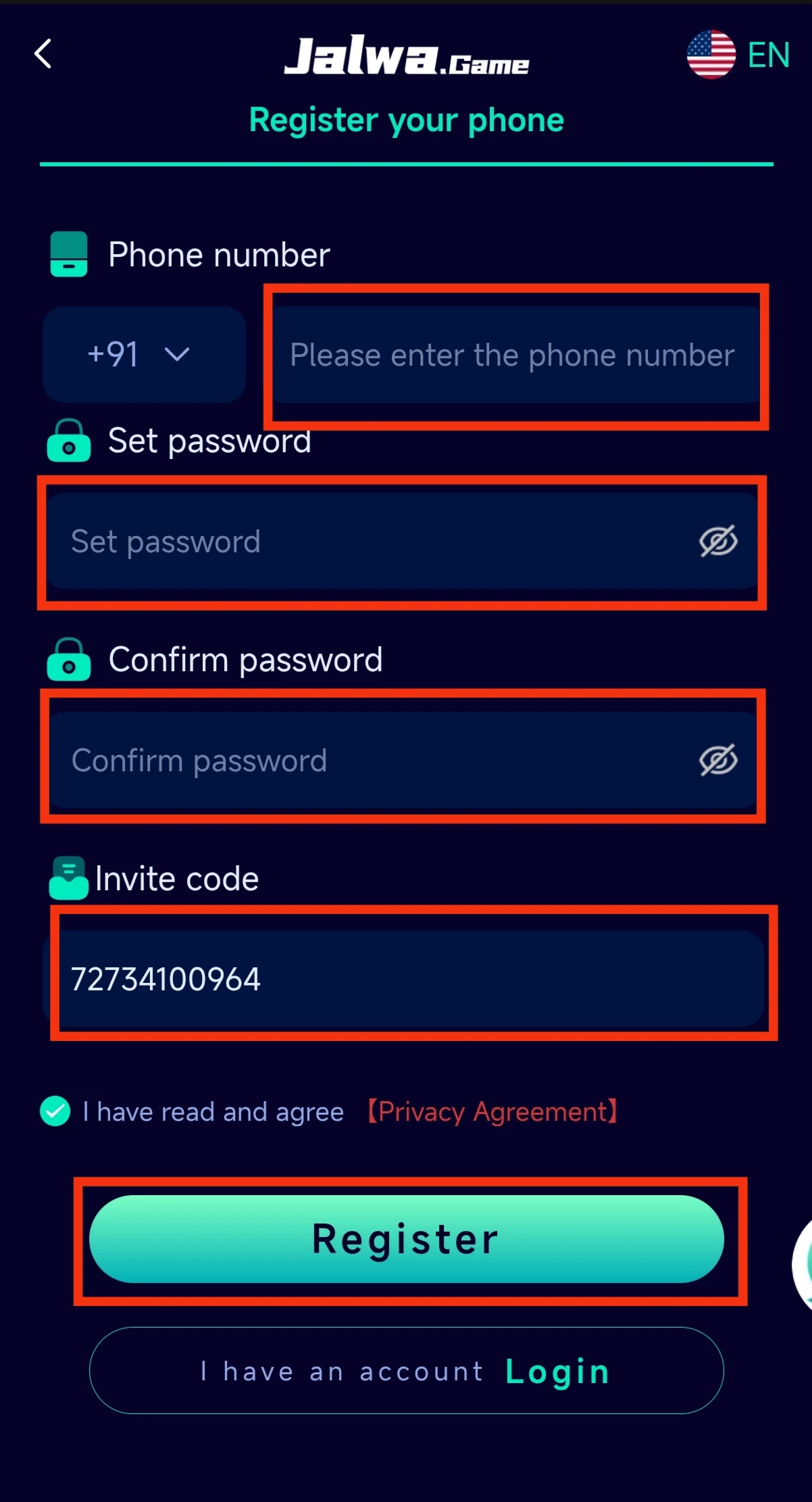 Jalwa Game Register — create your free account